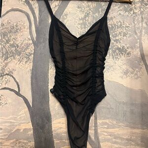 Sheer Black Ruched One-Piece Bodysuit